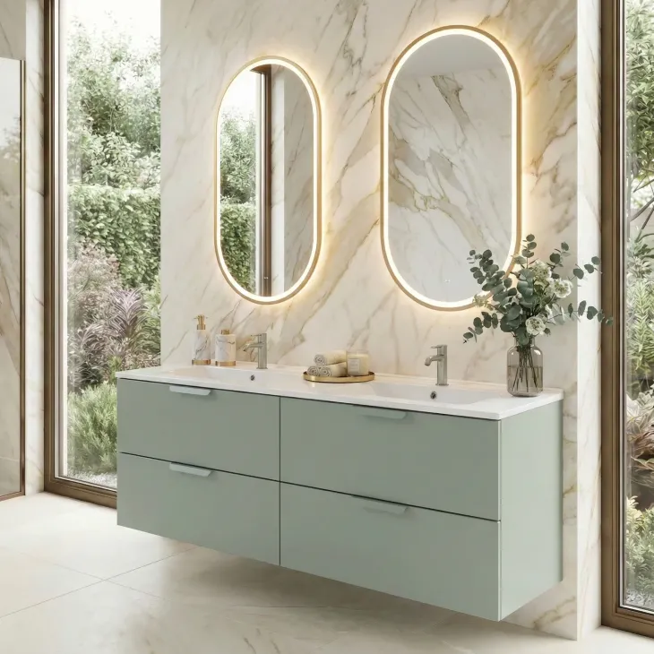 Mobile bagno sospeso 120cm con doppio lavabo 4 cassetti verde salvia Speranza