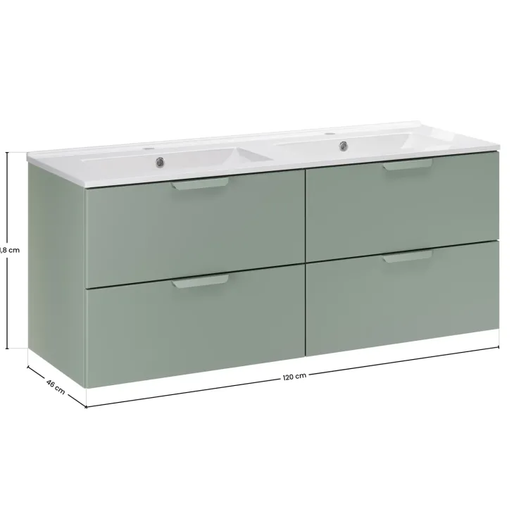 Mobile bagno sospeso 120cm con doppio lavabo 4 cassetti verde salvia Speranza