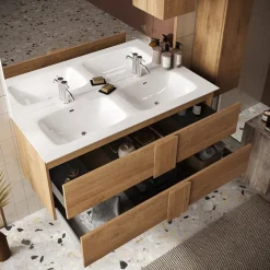 Mobile bagno sospeso 120cm con doppio lavabo 2 cassetti rovere scuro Alvarez