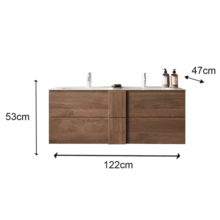 Mobile bagno sospeso 120cm con doppio lavabo 2 cassetti rovere scuro Alvarez