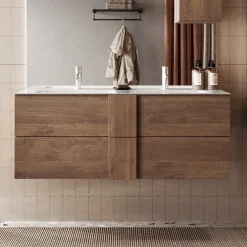 Mobile bagno sospeso 120cm con doppio lavabo 2 cassetti rovere scuro Alvarez