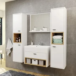 Mobile bagno sospeso 60cm con lavabo, specchio e colonne bianco rovere Florentina