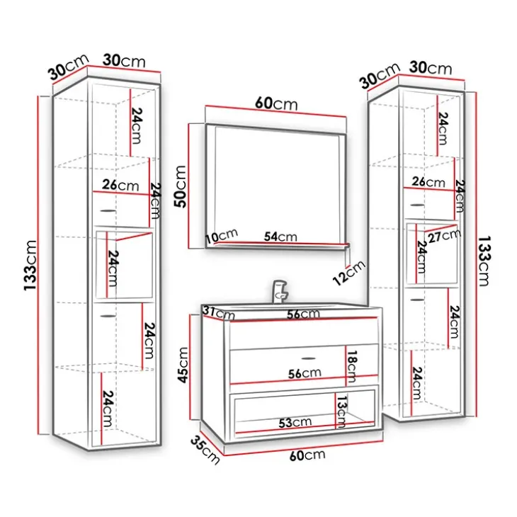 Mobile bagno sospeso 60cm con lavabo, specchio e colonne bianco rovere Florentina