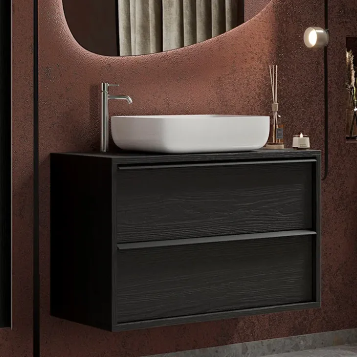 Mobile bagno sospeso 105cm con lavabo 2 cassetti nero frassinato Absolut
