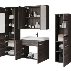 Mobile bagno sospeso 60cm con lavabo, specchio e 2 colonne vetrate rovere grigio Luz