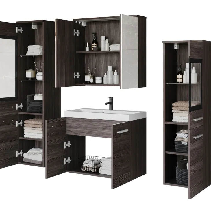Mobile bagno sospeso 60cm con lavabo, specchio e 2 colonne vetrate rovere grigio Luz