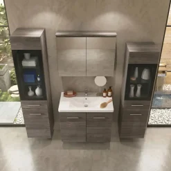 Mobile bagno sospeso 60cm con lavabo, specchio e 2 colonne vetrate rovere grigio Luz