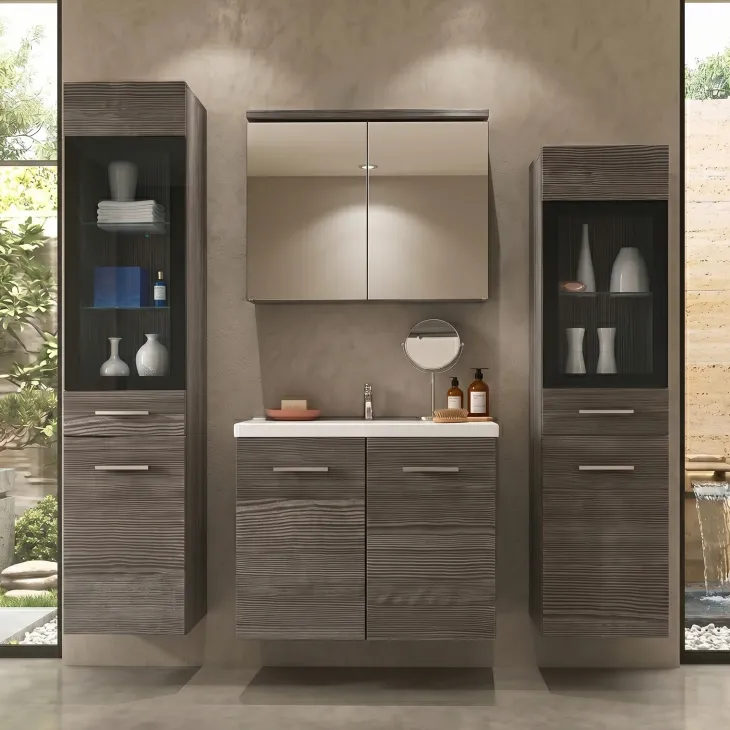 Mobile bagno sospeso 60cm con lavabo, specchio e 2 colonne vetrate rovere grigio Luz
