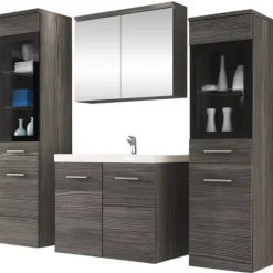 Mobile bagno sospeso 60cm con lavabo, specchio e 2 colonne vetrate rovere grigio Luz