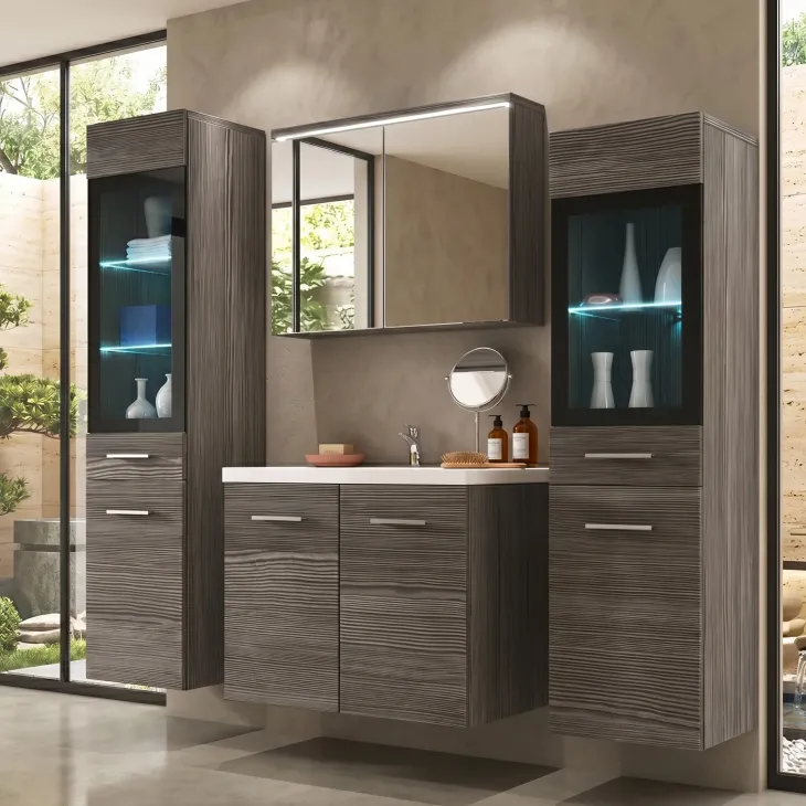 Mobile bagno sospeso 60cm con lavabo, specchio e 2 colonne vetrate rovere grigio Luz