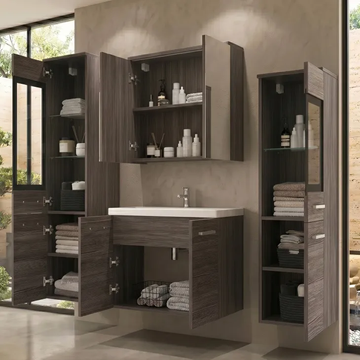 Mobile bagno sospeso 60cm con lavabo, specchio e 2 colonne vetrate rovere grigio Luz