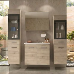 Mobile bagno sospeso 60cm con lavabo, specchio e 2 colonne vetrate rovere chiaro Luz