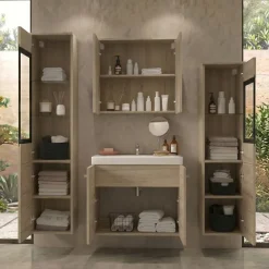 Mobile bagno sospeso 60cm con lavabo, specchio e 2 colonne vetrate rovere chiaro Luz