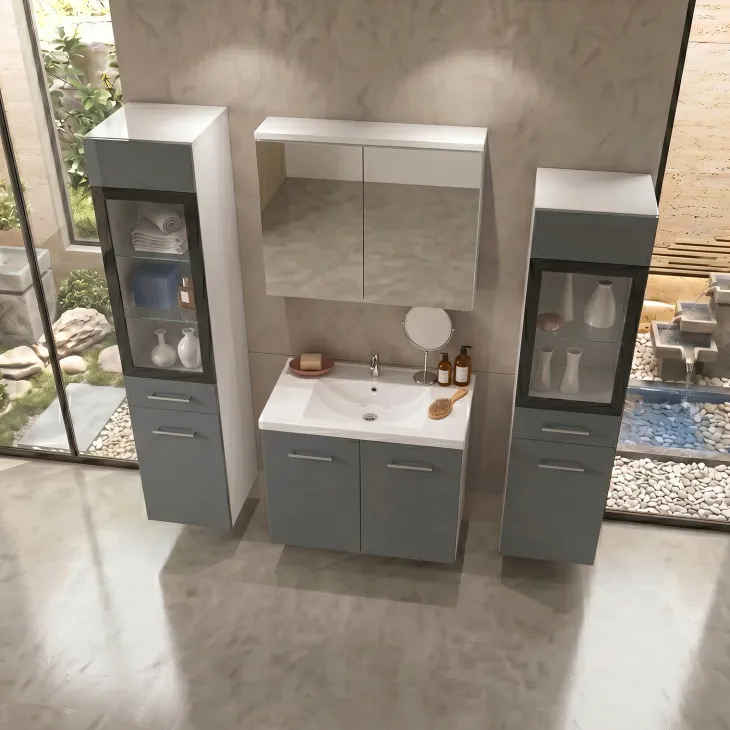 Mobile bagno sospeso 60cm con lavabo, specchio e 2 colonne vetrate grigio lucido bianco Luz