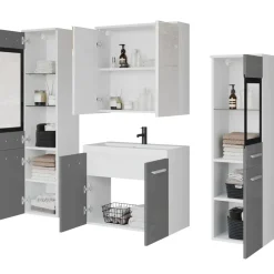 Mobile bagno sospeso 60cm con lavabo, specchio e 2 colonne vetrate grigio lucido bianco Luz