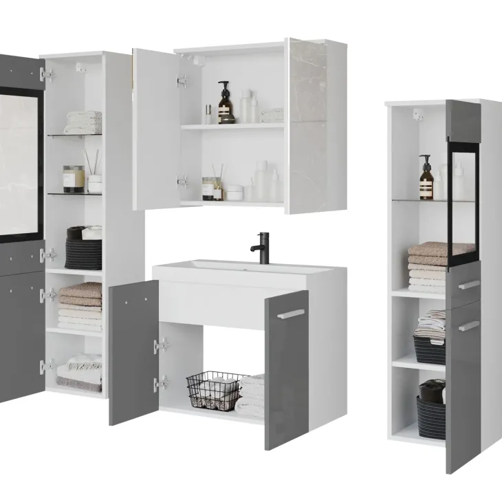 Mobile bagno sospeso 60cm con lavabo, specchio e 2 colonne vetrate grigio lucido bianco Luz
