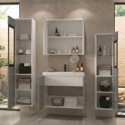 Mobile bagno sospeso 60cm con lavabo, specchio e 2 colonne vetrate grigio lucido bianco Luz