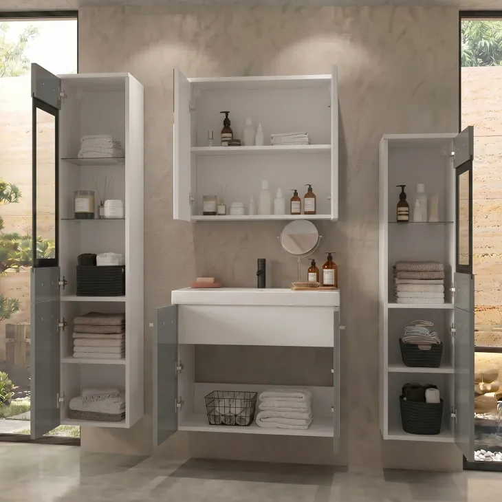 Mobile bagno sospeso 60cm con lavabo, specchio e 2 colonne vetrate grigio lucido bianco Luz