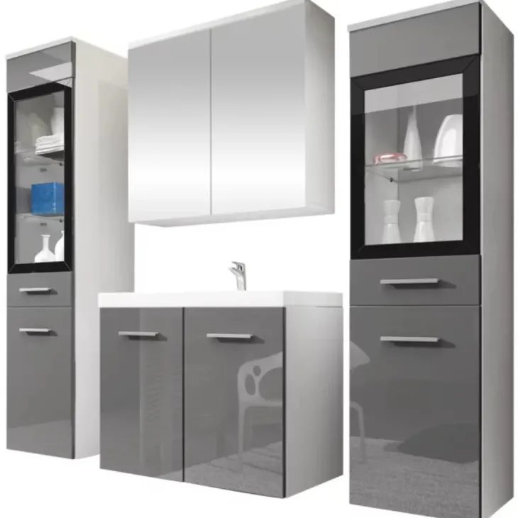 Mobile bagno sospeso 60cm con lavabo, specchio e 2 colonne vetrate grigio lucido bianco Luz