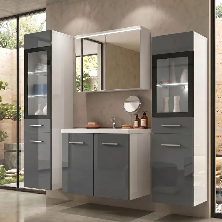 Mobile bagno sospeso 60cm con lavabo, specchio e 2 colonne vetrate grigio lucido bianco Luz
