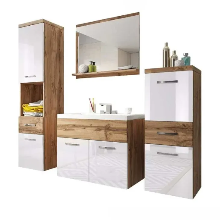 Mobile bagno sospeso 60cm con lavabo, specchio e colonne bianco rovere Loretta
