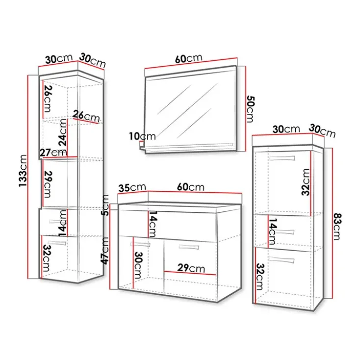 Mobile bagno sospeso 60cm con lavabo, specchio e colonne bianco rovere Loretta