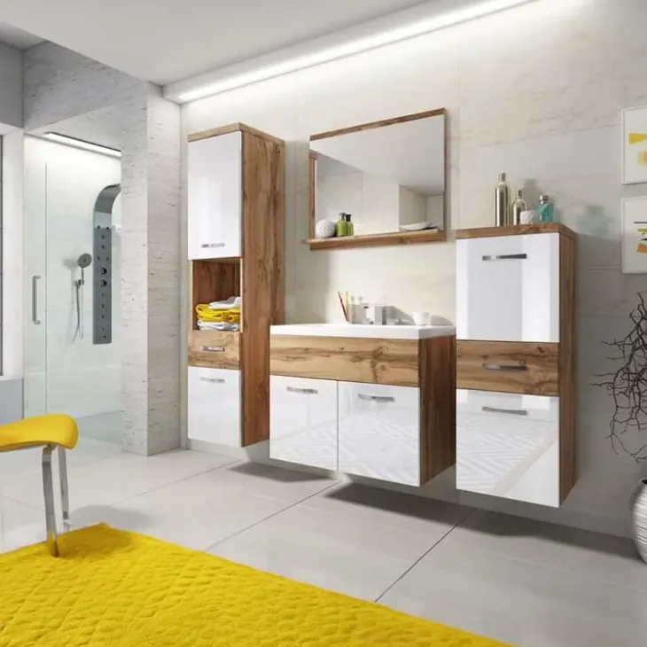 Mobile bagno sospeso 60cm con lavabo, specchio e colonne bianco rovere Loretta