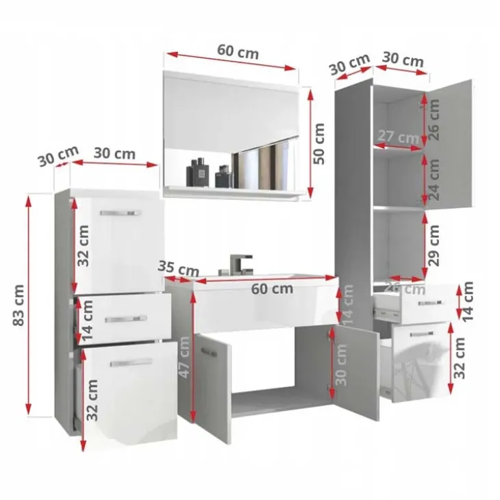 Mobile bagno sospeso 60cm con lavabo, specchio e colonne bianco rovere Loretta