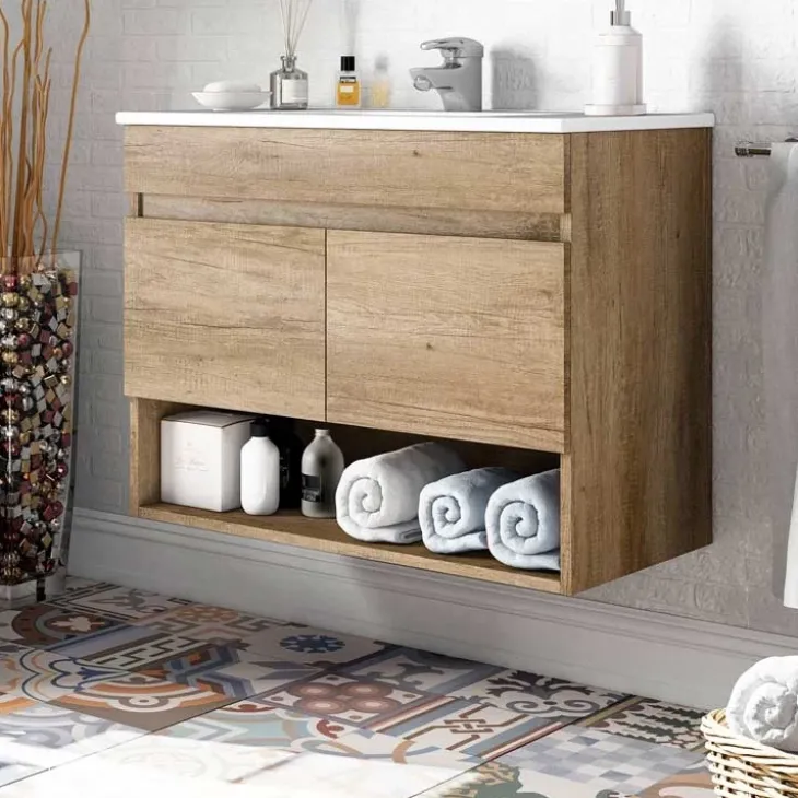 Mobile bagno sospeso 80cm con lavabo e specchio rovere nordik Dexter