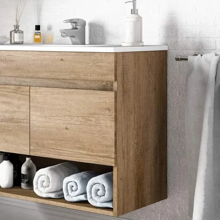 Mobile bagno sospeso 80cm con lavabo e specchio rovere nordik Dexter