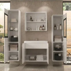 Mobile bagno sospeso 60cm con lavabo, specchio e 2 colonne vetrate bianco lucido Luz