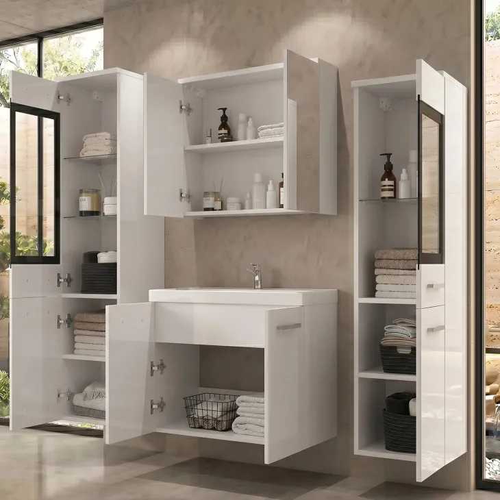 Mobile bagno sospeso 60cm con lavabo, specchio e 2 colonne vetrate bianco lucido Luz