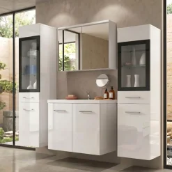 Mobile bagno sospeso 60cm con lavabo, specchio e 2 colonne vetrate bianco lucido Luz