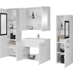Mobile bagno sospeso 60cm con lavabo, specchio e 2 colonne vetrate bianco lucido Luz