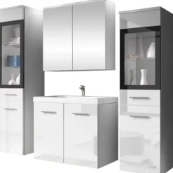 Mobile bagno sospeso 60cm con lavabo, specchio e 2 colonne vetrate bianco lucido Luz