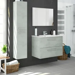 Mobile bagno sospeso 80cm con lavabo, specchio e colonna cemento bianco Oscar