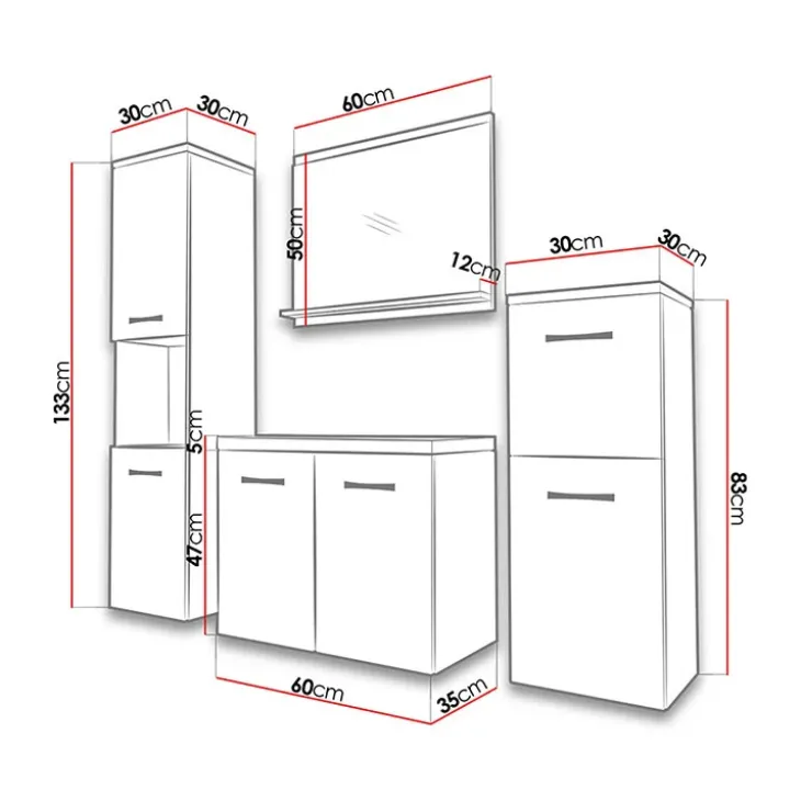 Mobile bagno sospeso 60cm con lavabo, specchio e 2 colonne rovere grigio Saturnia
