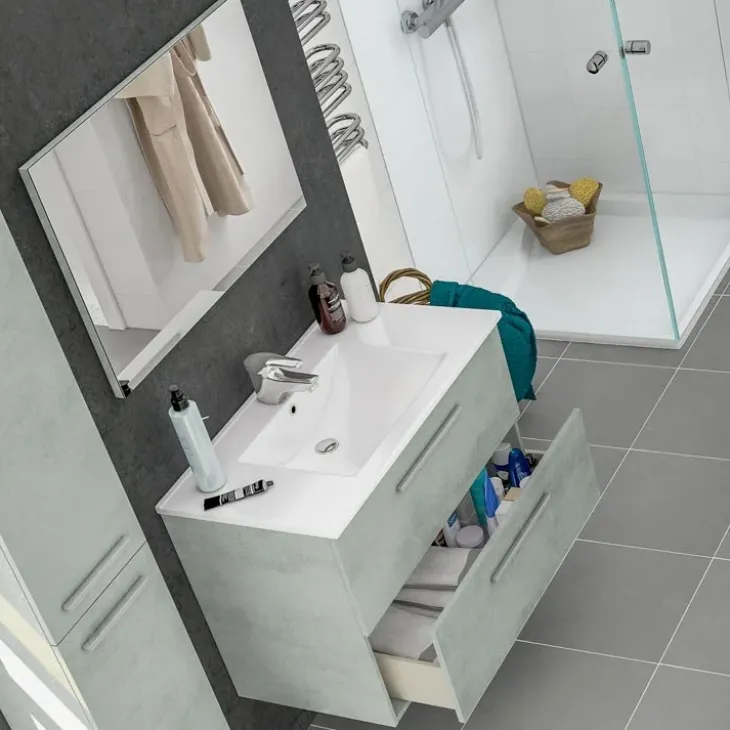 Mobile bagno sospeso 80cm con lavabo e specchio cemento bianco Oscar