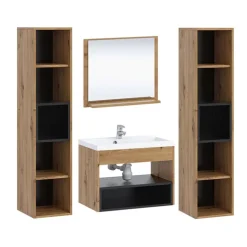 Mobile bagno sospeso 60cm con lavabo, specchio e colonne rovere nero Florentina