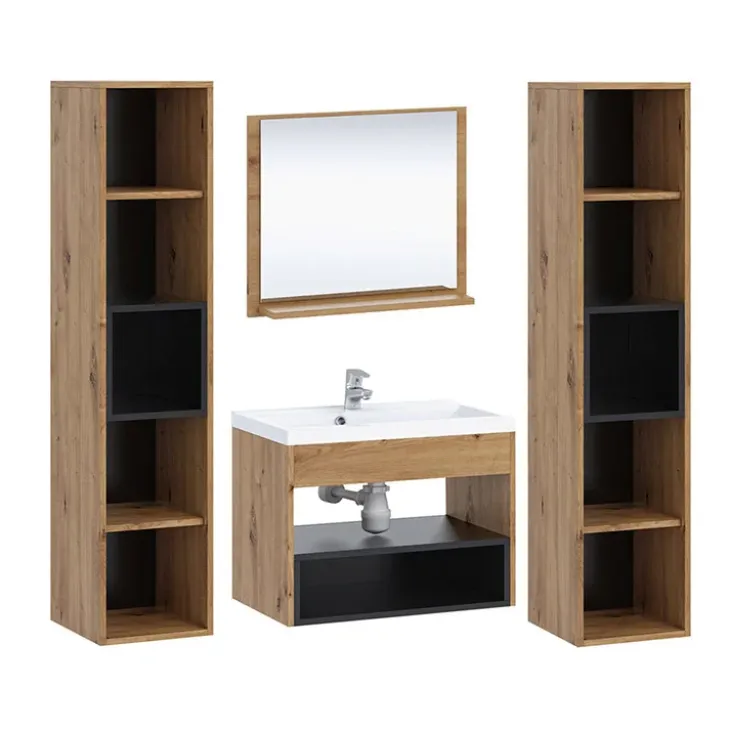 Mobile bagno sospeso 60cm con lavabo, specchio e colonne rovere nero Florentina