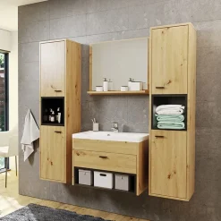 Mobile bagno sospeso 60cm con lavabo, specchio e colonne rovere nero Florentina