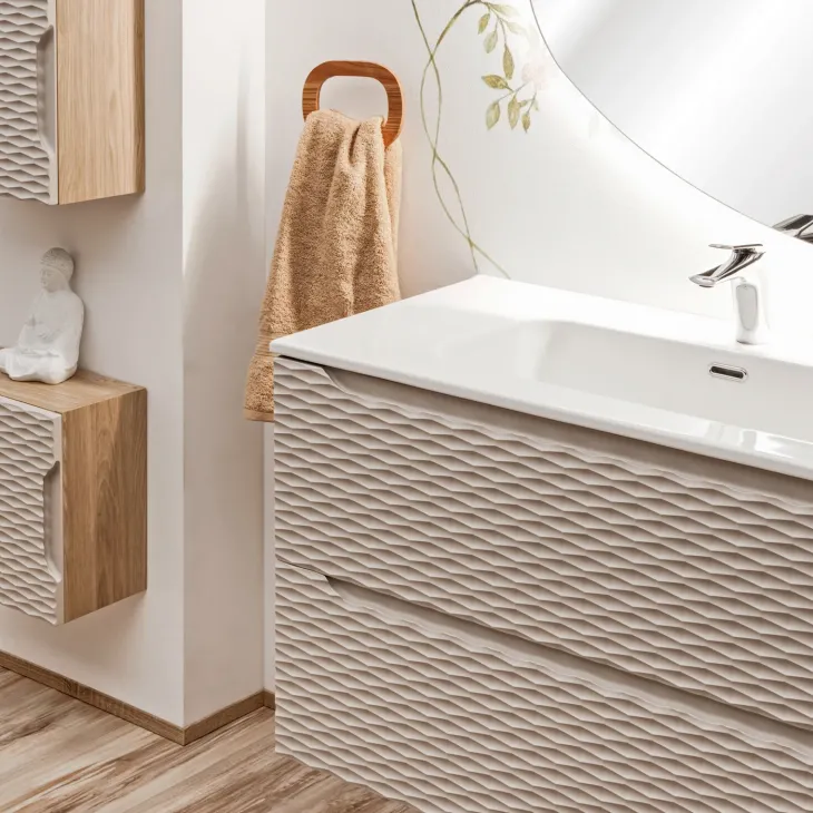 Mobile bagno sospeso 120cm con lavabo, specchio, colonna e 3 pensili beige rovere Swim