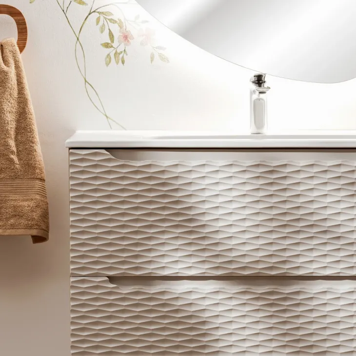 Mobile bagno sospeso 120cm con lavabo, specchio, colonna e 3 pensili beige rovere Swim