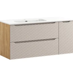 Mobile bagno sospeso 120cm con lavabo, specchio, colonna e 3 pensili beige rovere Swim