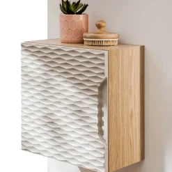 Mobile bagno sospeso 120cm con lavabo, specchio, colonna e 3 pensili beige rovere Swim