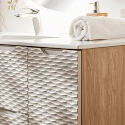 Mobile bagno sospeso 120cm con lavabo, specchio, colonna e 3 pensili beige rovere Swim