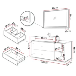 Mobile bagno sospeso 100cm con lavabo e specchio 2 cassetti bianco Krom