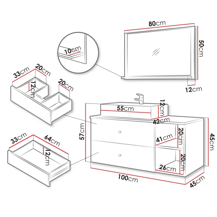 Mobile bagno sospeso 100cm con lavabo e specchio 2 cassetti bianco Krom