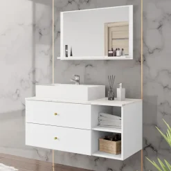 Mobile bagno sospeso 100cm con lavabo e specchio 2 cassetti bianco Krom