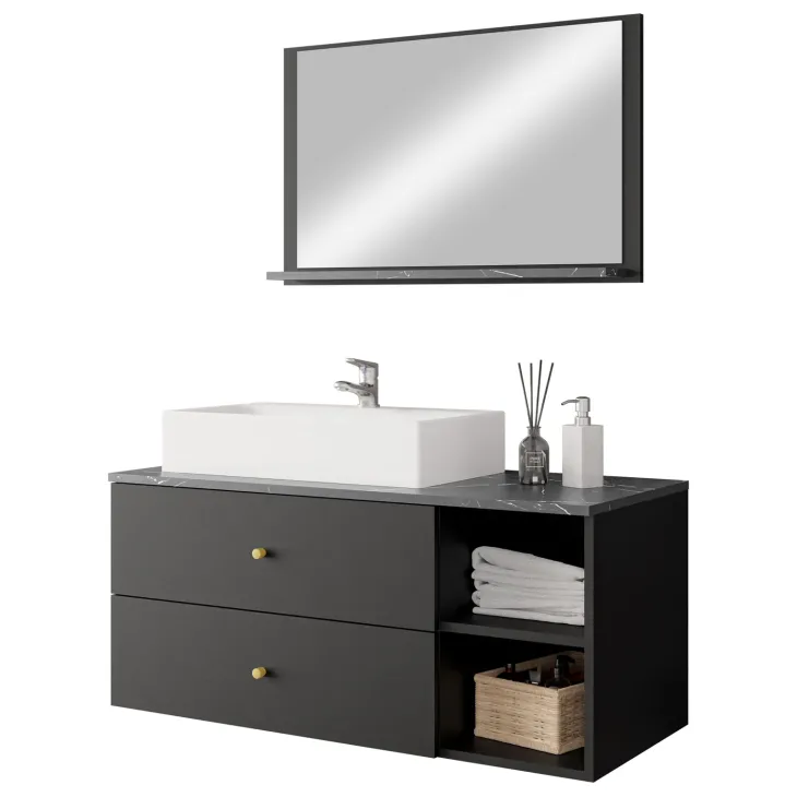 Mobile bagno sospeso 100cm con lavabo e specchio 2 cassetti nero Krom